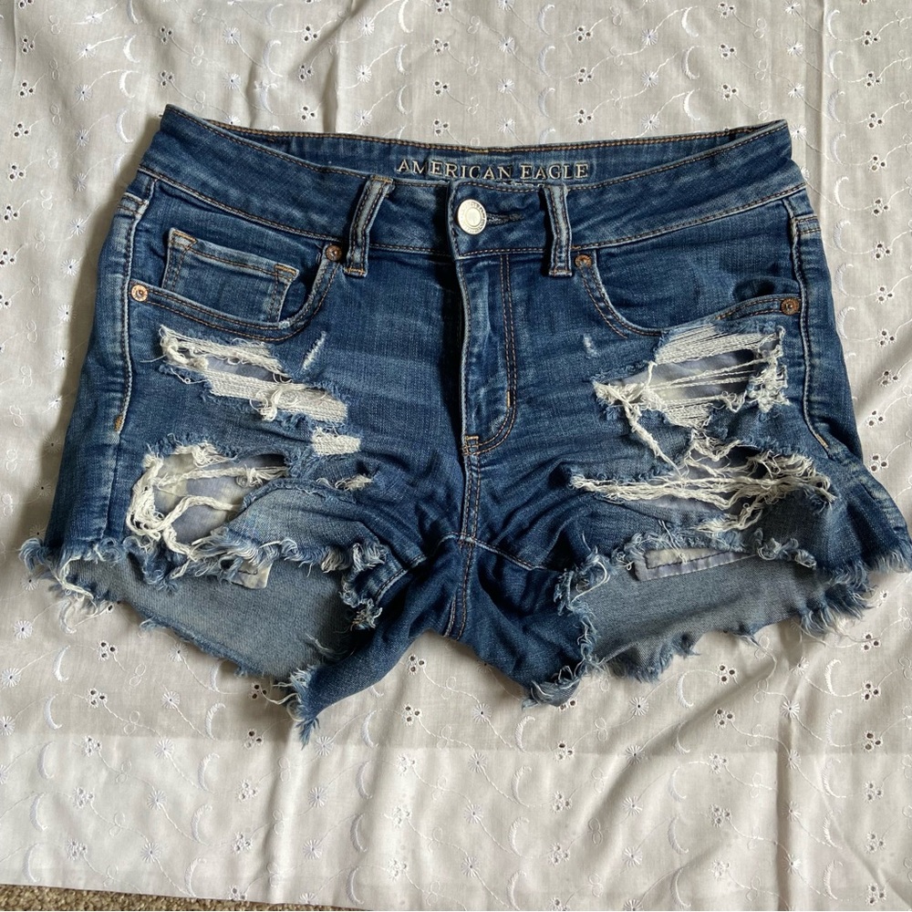 American Eagle Outfitters Women's Ripped Blue Jean Shorts